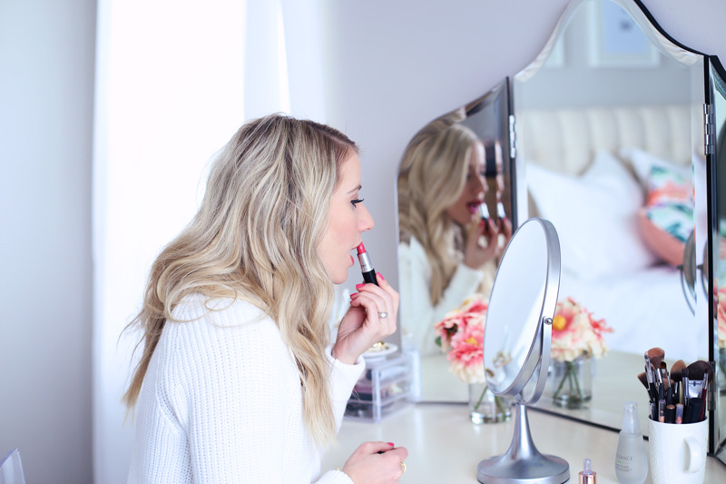 Abby puts on bright pink lipstick. Twist Me Pretty. 5 ways to self-love. Taking time for you