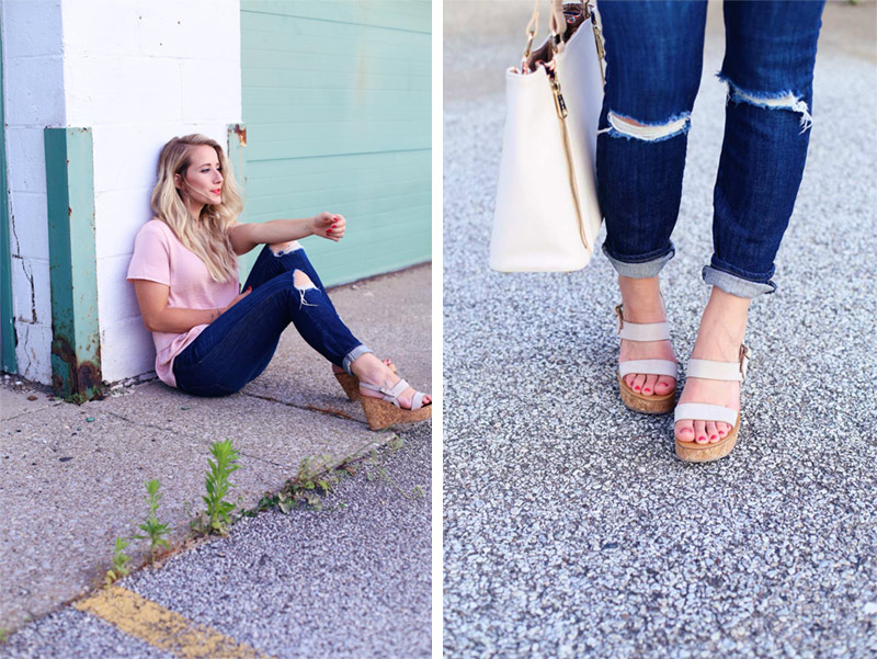 Abby wears a pretty pink top, jeans, and wedges.