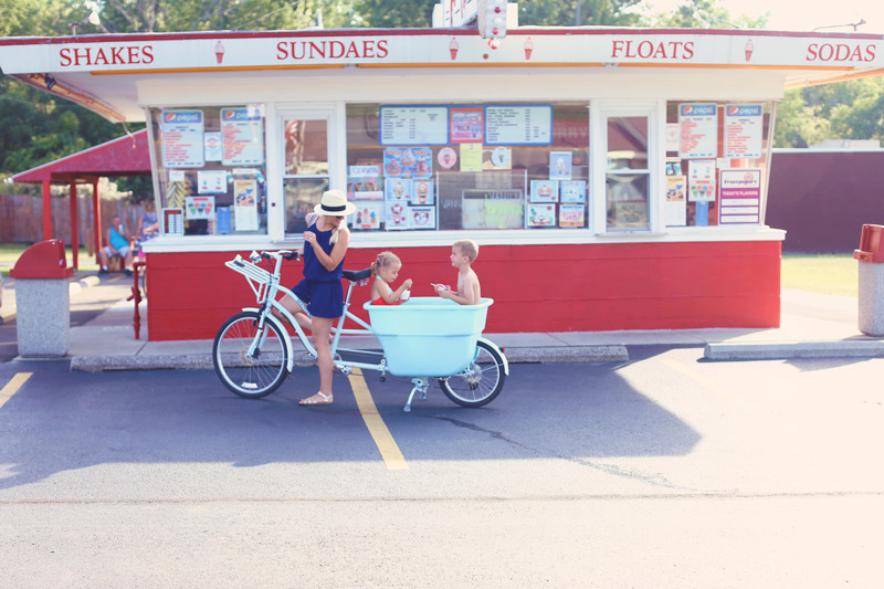 Family time in the Bucket Bike outside the ice-cream shoppe.