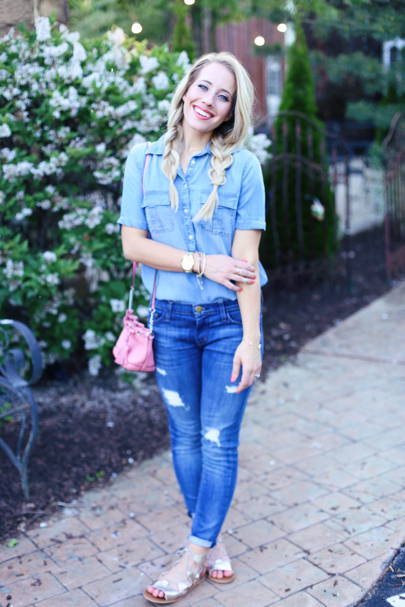 Cute chambray shirt paired with denims and flats.