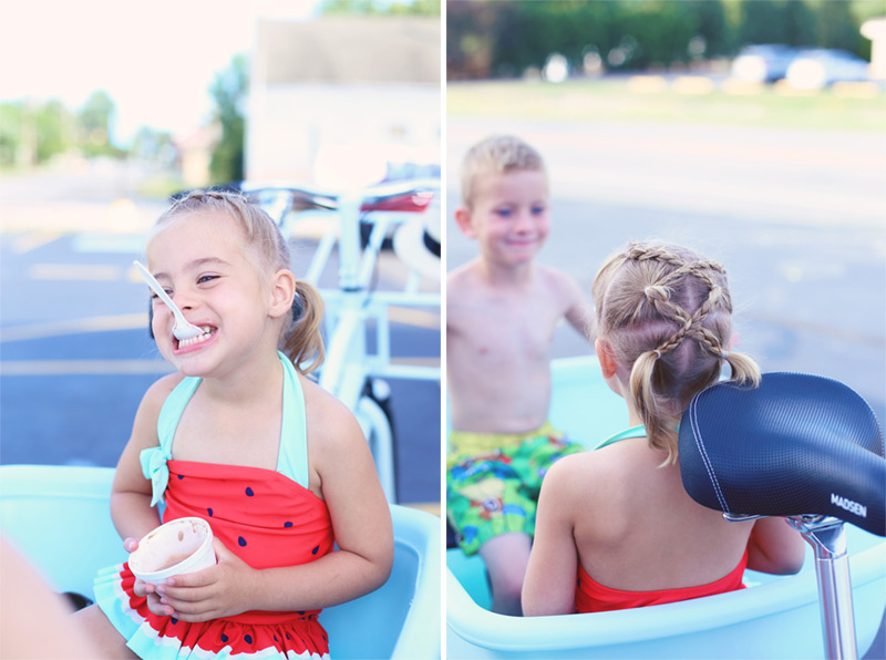 Savy and Boston eat their ice creams in a bucket bike