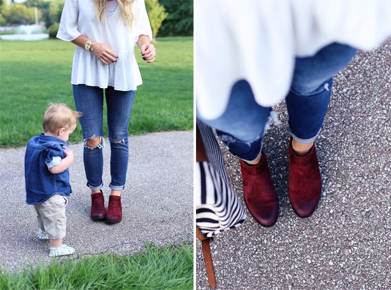 Split photo. One the left, a little boy stands and looks at his mother's feet, as she enjoys motherhood. Twist Me Pretty. On the right, a woman's outfit from her own perspective.