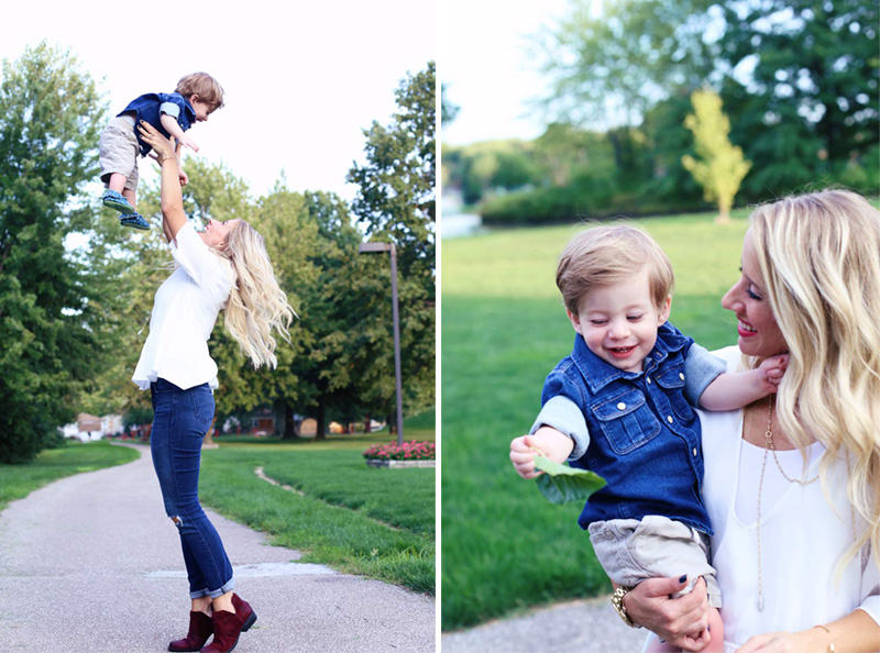 A split photo of a mother playing with her son and enjoy motherhood. On the left, she throws him in the air, and on the right, she is holding him as they both smile.