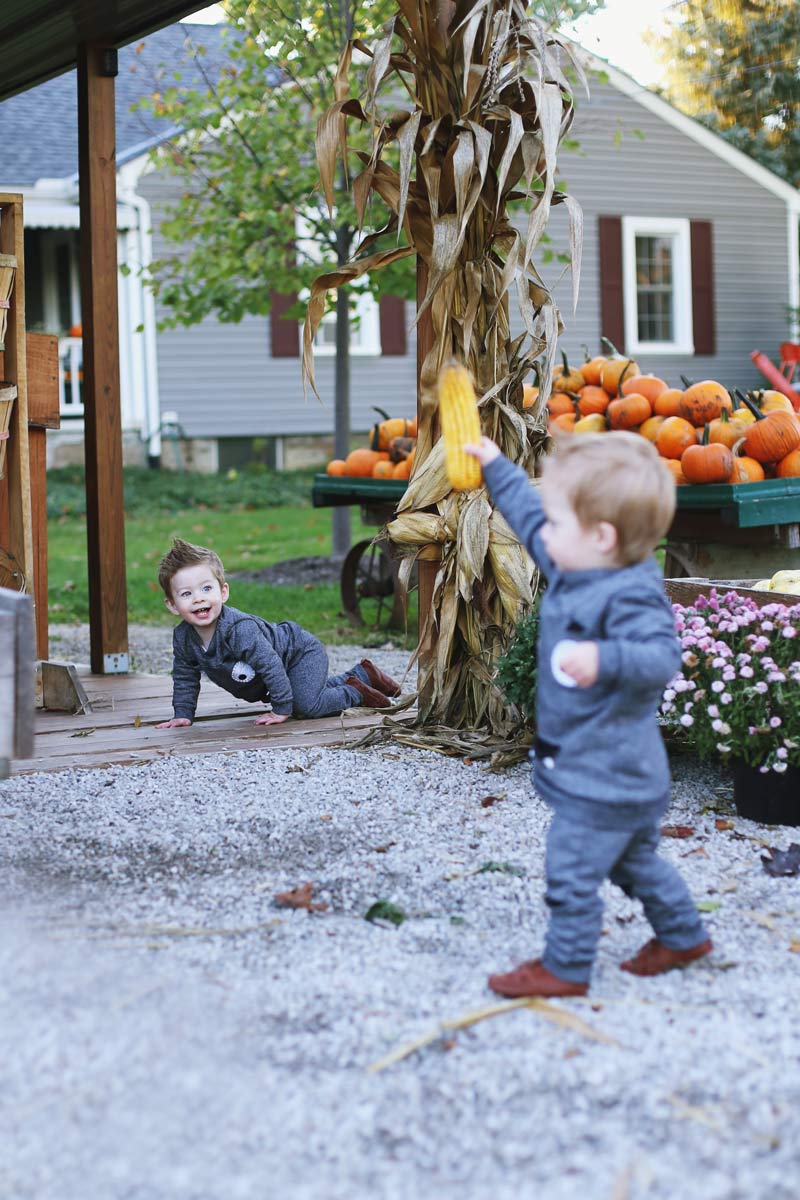 The twins play with corn 