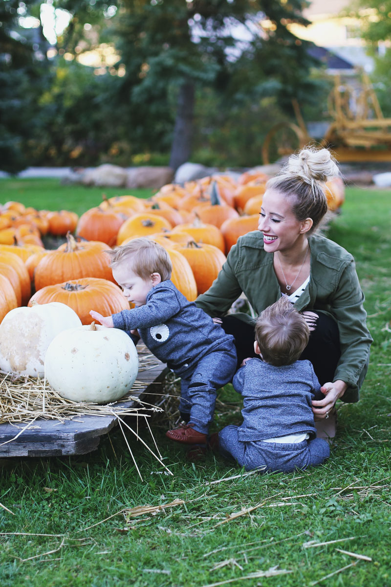 Family time in fall - Abby, her twins, and lots of pumpkins