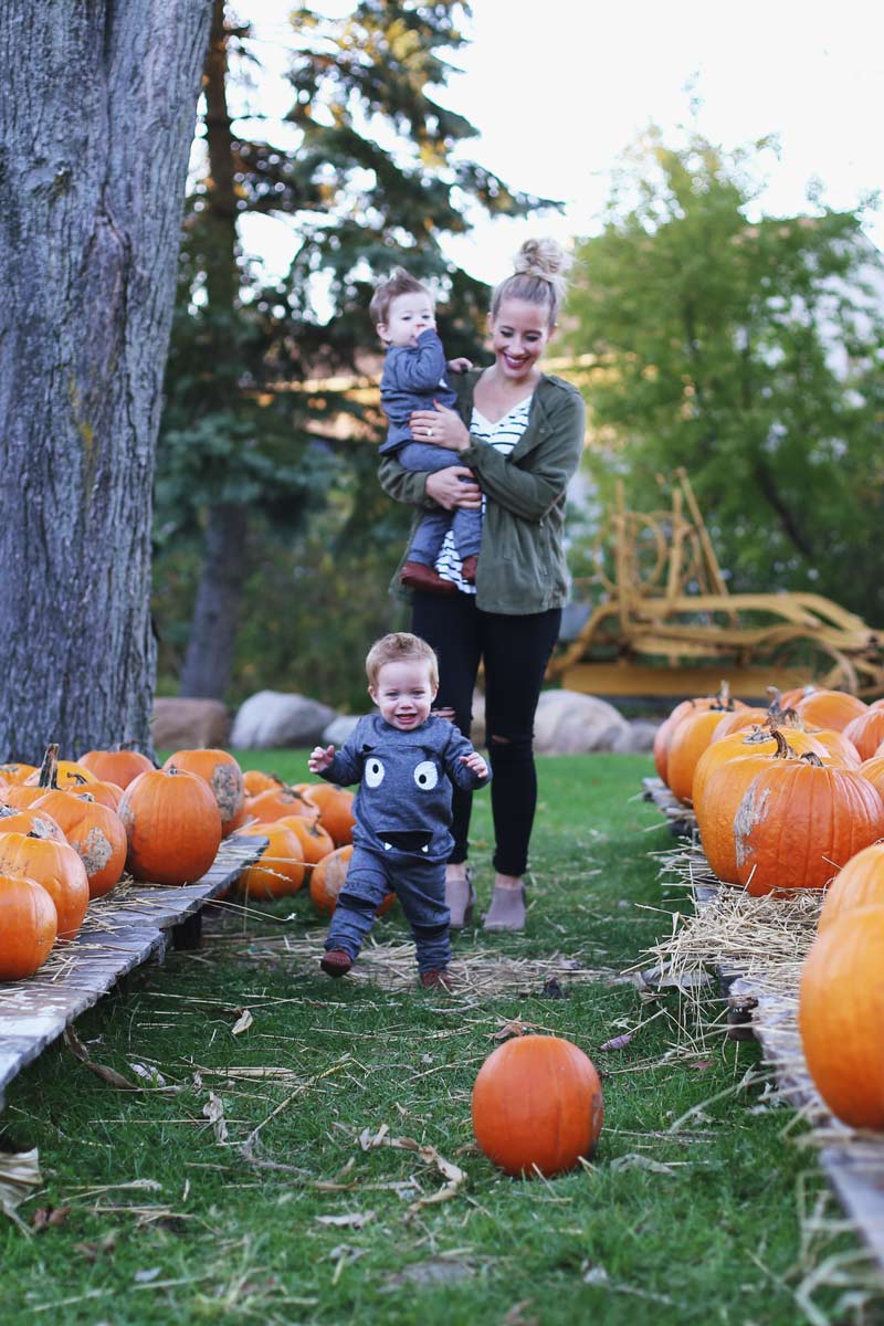 Abby, her toddlers, and beautifully orange pumpkins