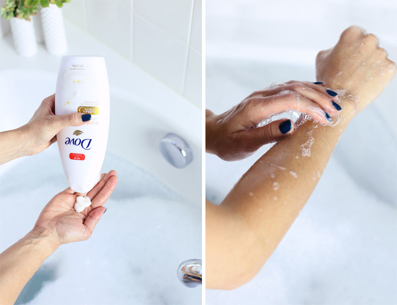 In a split frame photo, on the left, Dove Dry Oil Moisture Body Wash is squeezed into an open hand above a bath. On the right, a left hand washes a right arm with the Dove Dry Oil Beauty Bar. Twist Me Pretty.