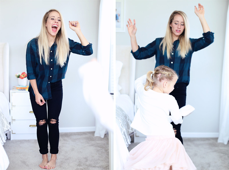 Split-frame photograph; the left of a woman singing and dancing barefoot. On the right, her daughter is dancing with her. Twist Me Pretty - Our Morning Routine.