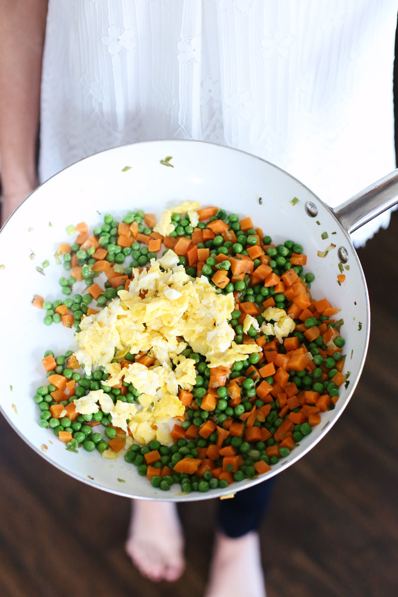 You can use the same pan from the scrambled egg to add the frozen veggies when you make Teriyaki Chicken Fried Rice