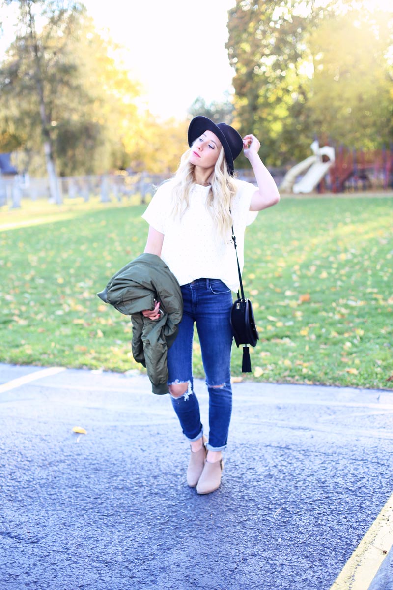 Casual yet chic - Abby wears ripped jeans and a collared shirt.