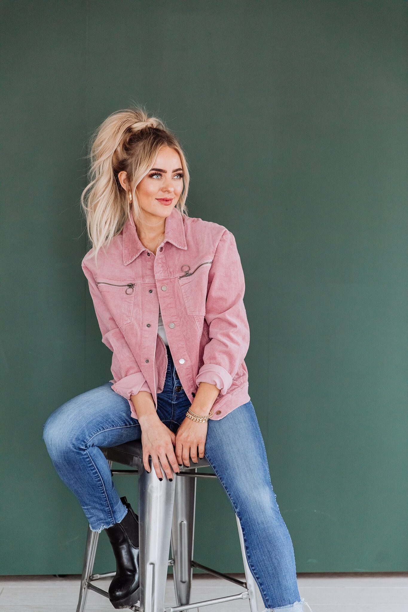 Pink corduroy jacket outfit on sale