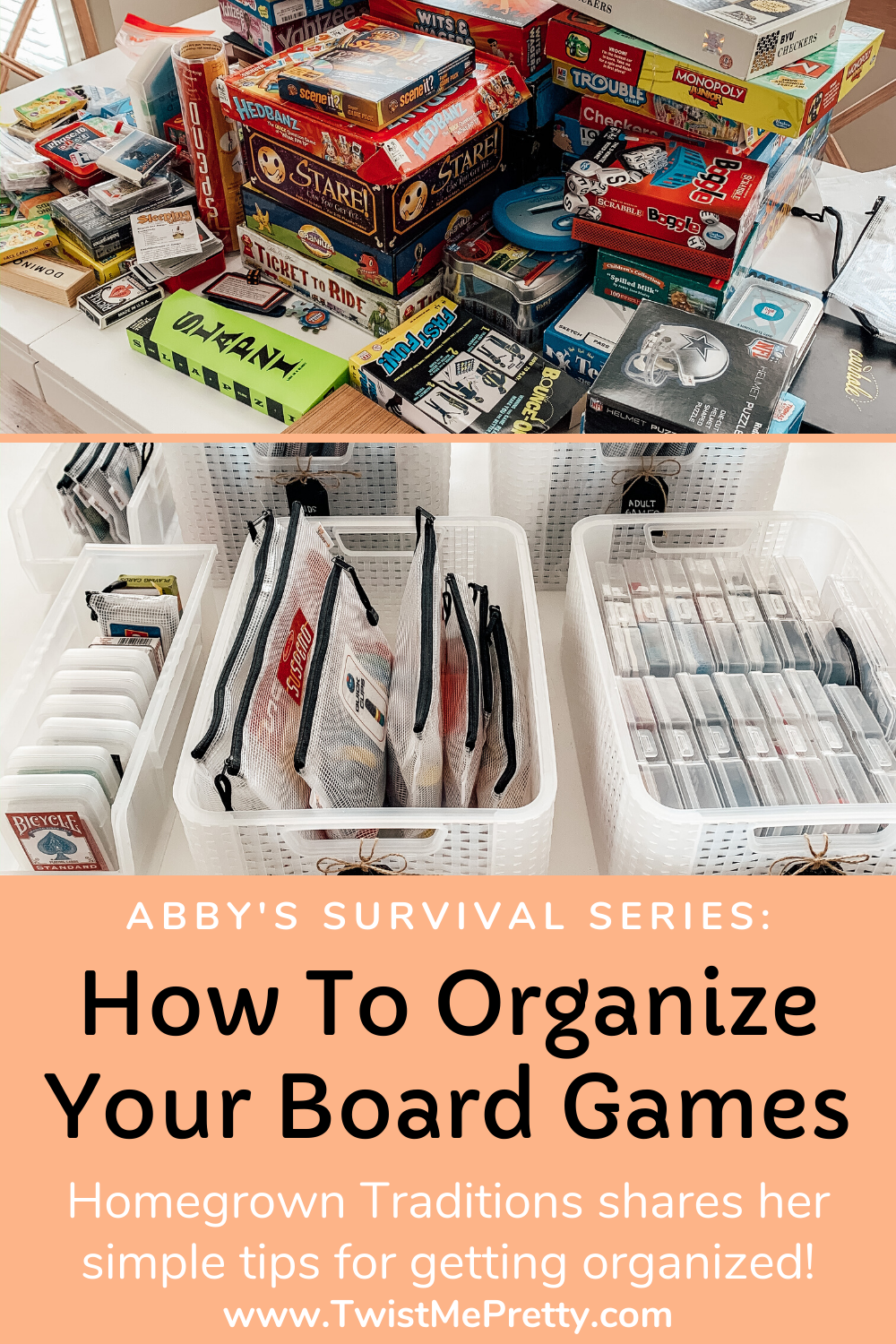 Abby's Survival Series- How to Organize Your Board Games by Homegrown Traditions. www.TwistMePretty.com