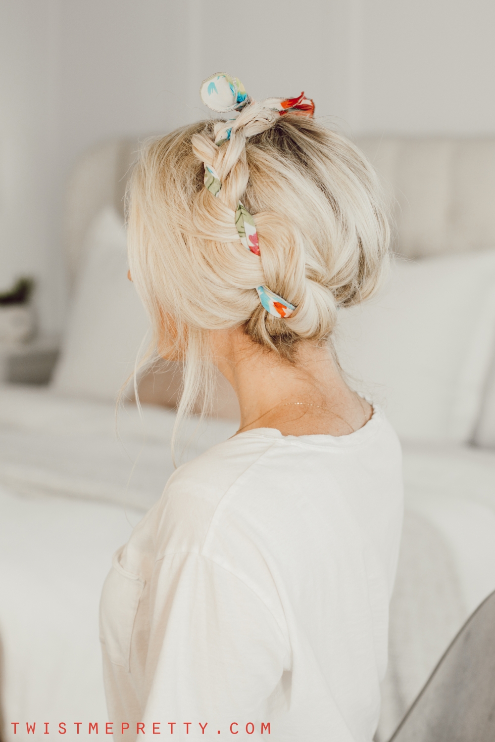 how to do a milkmaid braid and adding in a hair scarf. www.twistmepretty.com